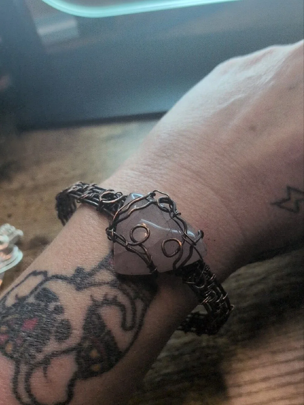 Handcrafted Rose Quartz Wire-Wrap Bracelet - Pink